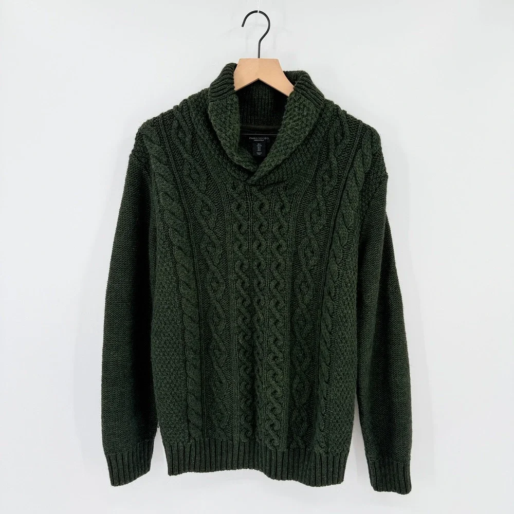 Dark Green Italian Fisherman Sweater L Shawl Collar Cable Knit Wool Blend Cozy
